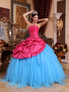 Red Blue Strapless Appliques Beading Quinceanera Dress