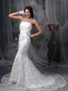 Mermaid Strapless Court Train Lace Ruch Wedding Dress
