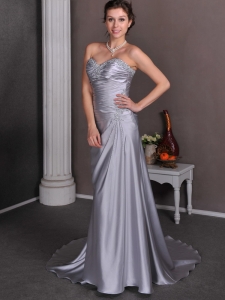 Silver Court Train Elastic Wove Satin Wedding Dress