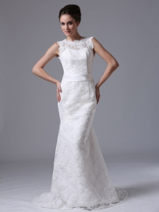 Lace Brush / Sweep Scoop Mermaid Wedding Dress Button
