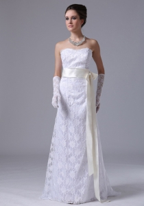 Stylish Strapless Lace Column Sheath Sweep Wedding Dress