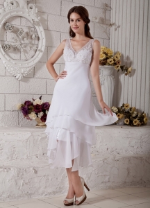 Wedding Gown Chiffon V-neck Tea-length Embroidery