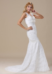 V-neck Sash and Lace Wedding Gown Over Skirt Mermaid