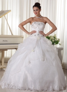 Beaded Over Up Bodice and Pick-up Bridal Gown Strapless Organza