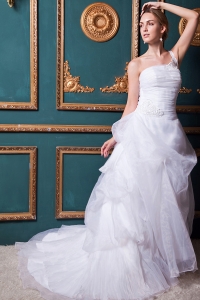One Shoulder Court Train Organza Appliques Wedding Gown