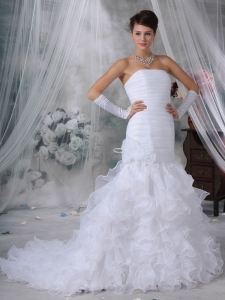 Mermaid Strapless Court Train Organza Handle Flowers Wedding Dress