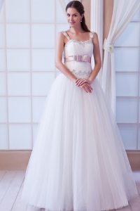A-line Straps Tulle Beading and Belt Wedding Dress