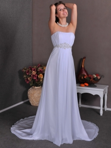 White and Champagne Tea-length Lace Sash Wedding Dress
