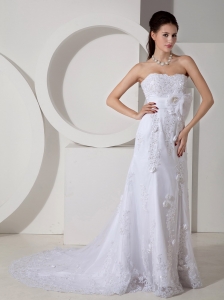 Strapless Brush Train Wedding Gown Satin Belt and Lace