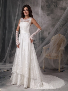 Square A-Line / Princess Court Train Taffeta Lace Wedding Dress