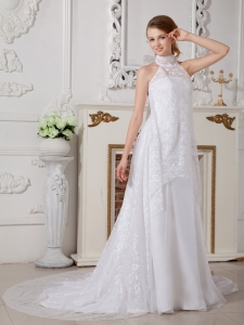 A-line High-neck Court Train Lace Bowknot Wedding Dress