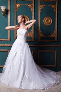 A-line Strapless Chapel Train Organza Beading Bridal Gown