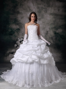 Ball Gown Strapless Brush Train Lace Wedding Dress