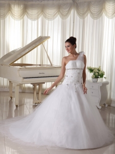 One Shoulder Wedding Gown Beading Tulle Watteau Train