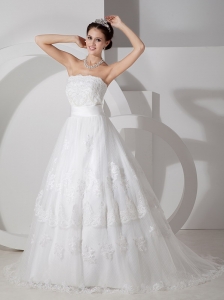 One Shoulder A-line Court Train Tulle Lace Wedding Dress