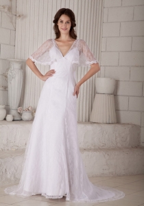 Column / Sheath V-neck Court Train Lace Wedding Dress