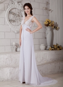 Empire V-neck Brush Train Chiffon Lace Wedding Dress