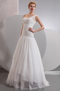 One Shoulder A-line Floor-length Chiffon Ruch Bridal Gown