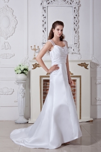 A-line / Princess Straps Court Train Satin Ruch Wedding Dress