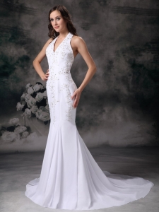Mermaid Halter Chiffon Embroidery with Beading Bridal Gown