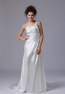 Elegant One Shoulder Column Beading Taffeta Court Train Bridal Gown