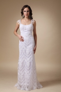 Fashionable Square Column Brush Train Satin and Lace Wedding Dress
