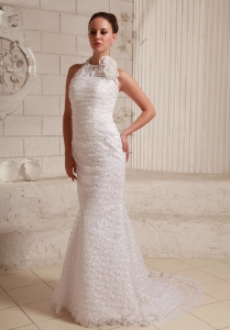 Lace Hand Made Flower Wedding Dress With Halter Brush Train