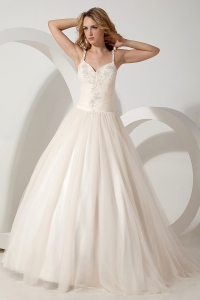 Ball Gown Straps Brush Train Tulle Appliques Bridal Gown