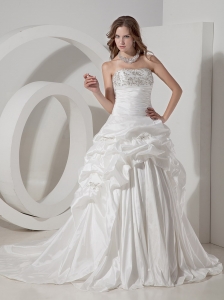 Strapless Chapel Train Taffeta Beaidng and Pick-ups Wedding Gown
