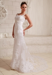 Straps Lace and Satin Wedding Dress With Beading Brush Train