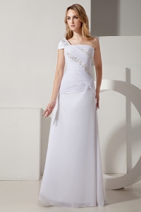 One Shoulder Floor-length Chiffon Ruch and Beading Wedding Gown