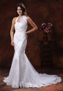 Halter top Mermaid/trumpet Wedding Gown with Lace Hand Flowers