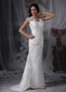 V-neck Column Wedding Bridal Gown with Lace Overlay for 2013