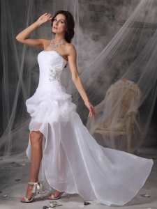 White High-low Strapless Chiffon Beading Wedding Bridal Gown