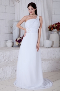 White One Shoulder Brush Train Chiffon Appliques Wedding Gown