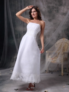 White Strapless Tea-length Satin Beading and Ruch Bridal Gown