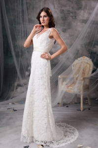 White V-neck Column Brush Train Lace Belt Wedding Gown