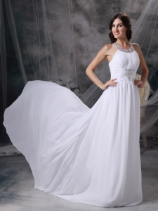 Empire Scoop Court Train Chiffon Beading and Ruch Bridal Gown
