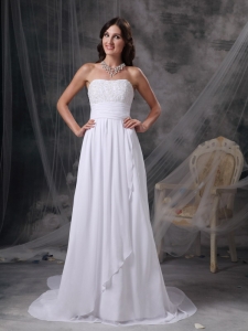 Strapless Court Train Chiffon Appliques and Ruch Bridal Gown