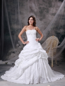 A-line Strapless Taffeta Appliques and Hand Made Flowers Wedding Gown