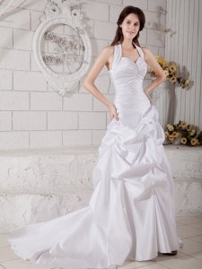 A-line Wedding Dress Halter Court Train Taffeta Ruch