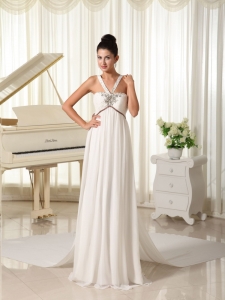 Beaded Straps Watteau Train White Beading Wedding Dress