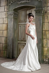 A-line Wedding Dress V-neck Court Train Satin Lace