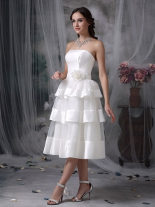 Empire Strapless Tea-length Organza Hand Made Flower Wedding Dress