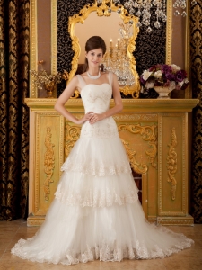 Straps Court Train Tulle Lace and Beading White Wedding Bridal Gown