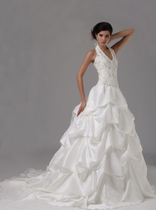 Halter Wedding Dress Lace Bodice Pick-ups Custom Made