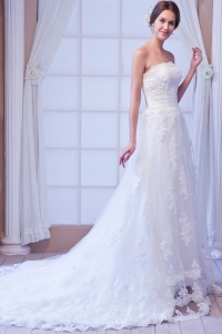 Column Wedding Dress Strapless Court Train Lace Sashes