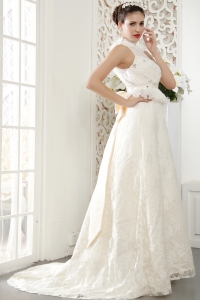 Popular A-line Wedding Dress High-neck Brush Train Lace