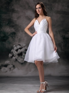 White Halter Wedding Dress Mini-length Organza Ruch