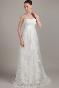 White Column Wedding Dress Sheath Strapless Lace Appliques